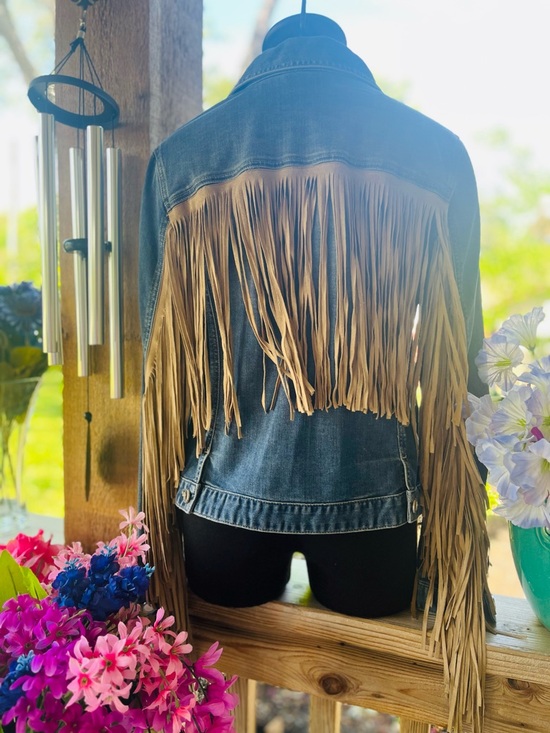 Chico's Jackets & Blazers - Chico’s Denim Blue Jean Western/Festival Faux Suede Long Fringed Jacket NWT S